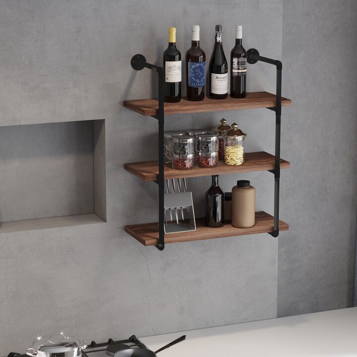 Industrial Pipe Style Shelf 3-Tier Wall-Mounted Utility Bookcase Floating Storage Rack with Metal Frame, Rustic Brown