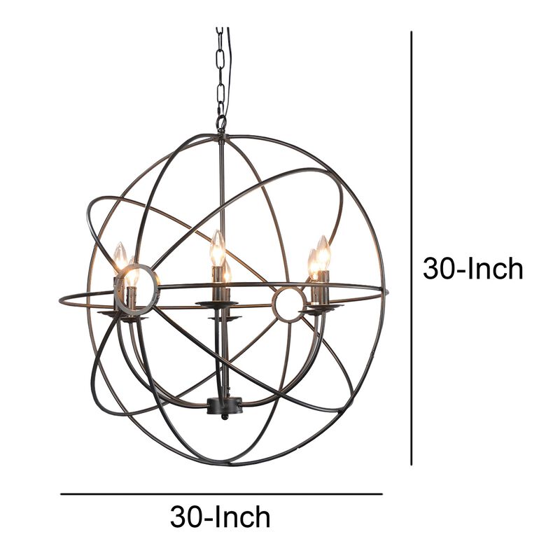 6 Light Fixture Orb Shape Metal Frame Chandelier, Black - Benzara