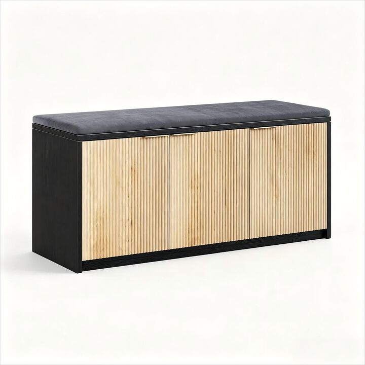 2-Tier Shoe Storage Bench with 3 Doors & Adjustable Shelf, Removable Padded Seat Cushion, 41" Entryway Bench, Shoe Cabinet for Entryway, Living Room