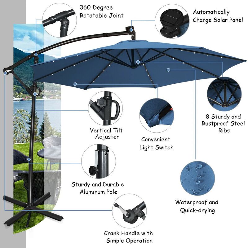 Mondawe 10 Feet 360&deg; Rotation Solar Powered LED Patio Offset Umbrella without Weight Base