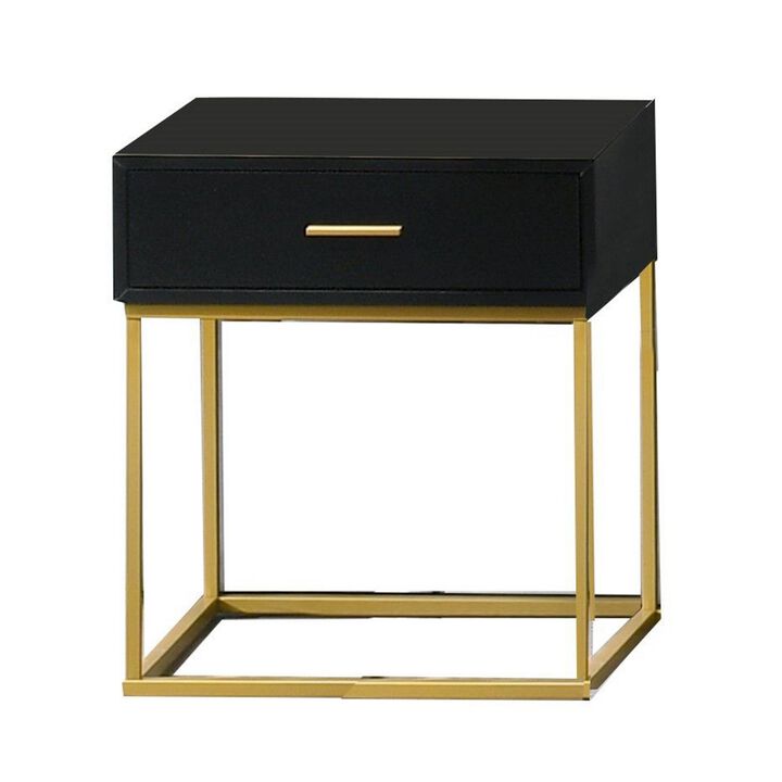 1 Drawer Wooden Nightstand with Metal Legs, Black and Gold-Benzara