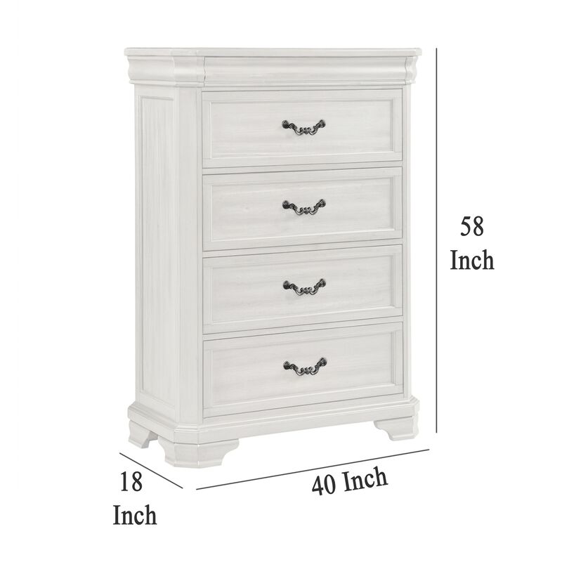 Lynda Tall Dresser Chest, 4 Drawers, Classic White Solid Acacia Wood - Benzara image number 4