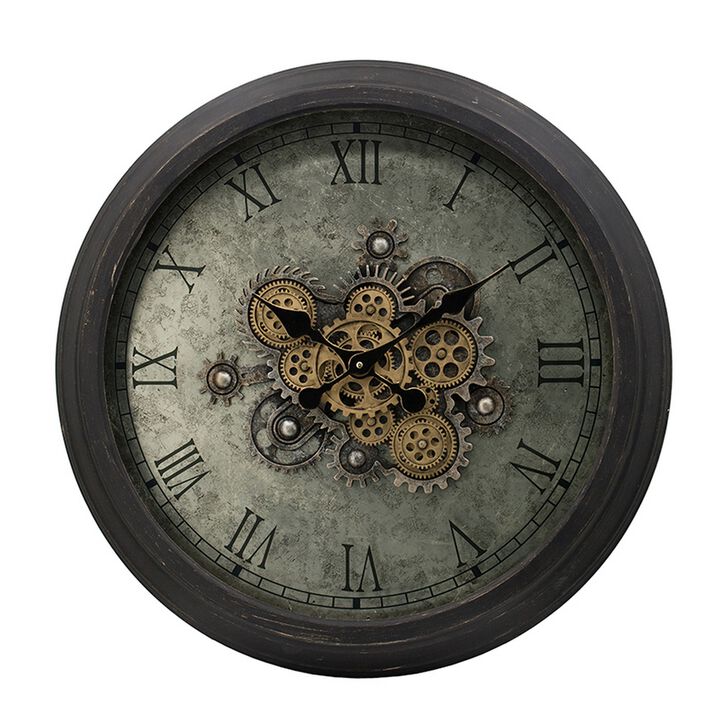 28 Inch Wall Clock, Round Vintage Gear Design, Gold and Dark Brown Finish - Benzara