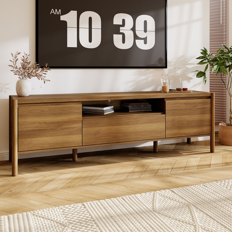 FUFU&GAGA Round Leg TV Stand with Painted Rubberwood Legs, 15mm Particleboard Construction, and Faux Thick Panel, (70.9"W x 16.5"D x 21.8"H), Brown image number 1