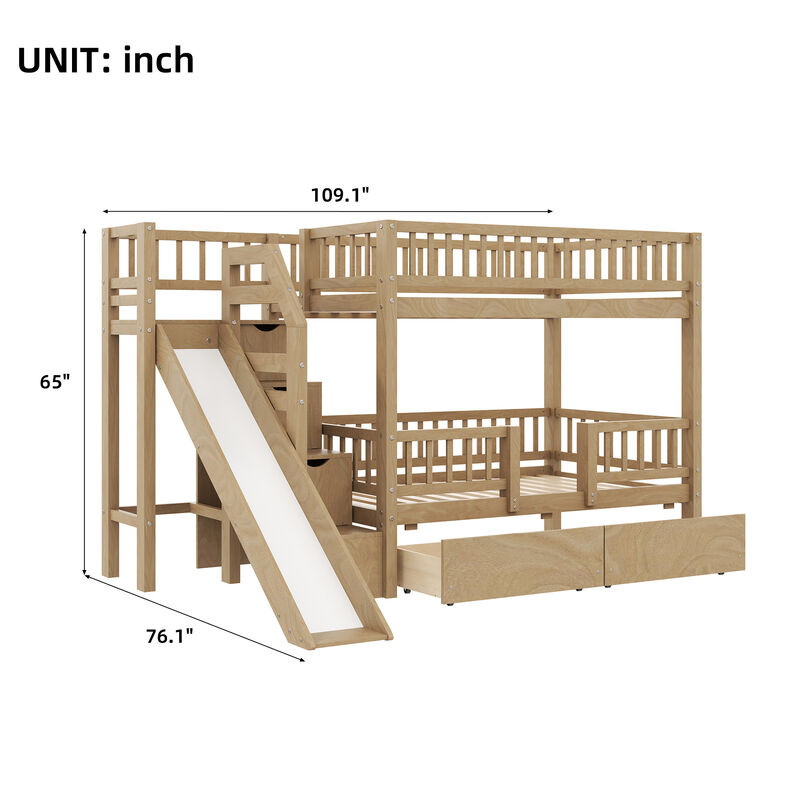 Merax Twin-Over-Twin White Bunk Bed with Storage Staircase, Slide & Drawers image number 4