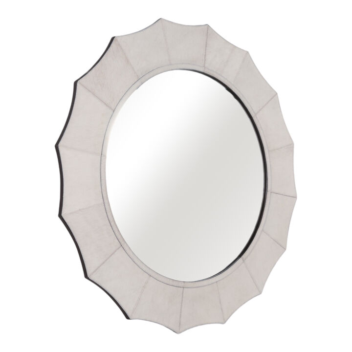 42x42" Inverted Scallop Hair On Hide Mirror, Ivory