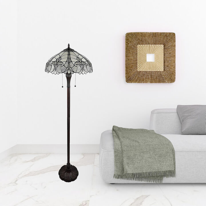 Hivvago 62" Dark Brown Two Light Torchiere Floor Lamp With White Fleur de Lis Glass Dome Shade