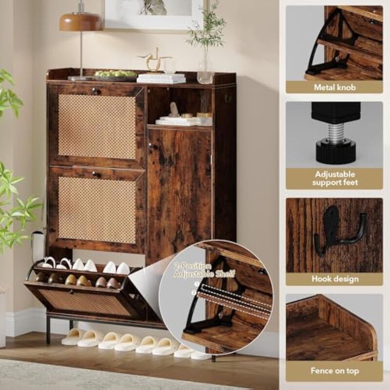 Entryway Wood Shoe Storage Cabinet Flip Drawer Brown Rattan image number 3