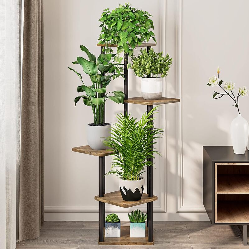5 Tier-Black+Rustic Brown Shelving, Plant Stand, Interior Metal Flower Stand image number 1