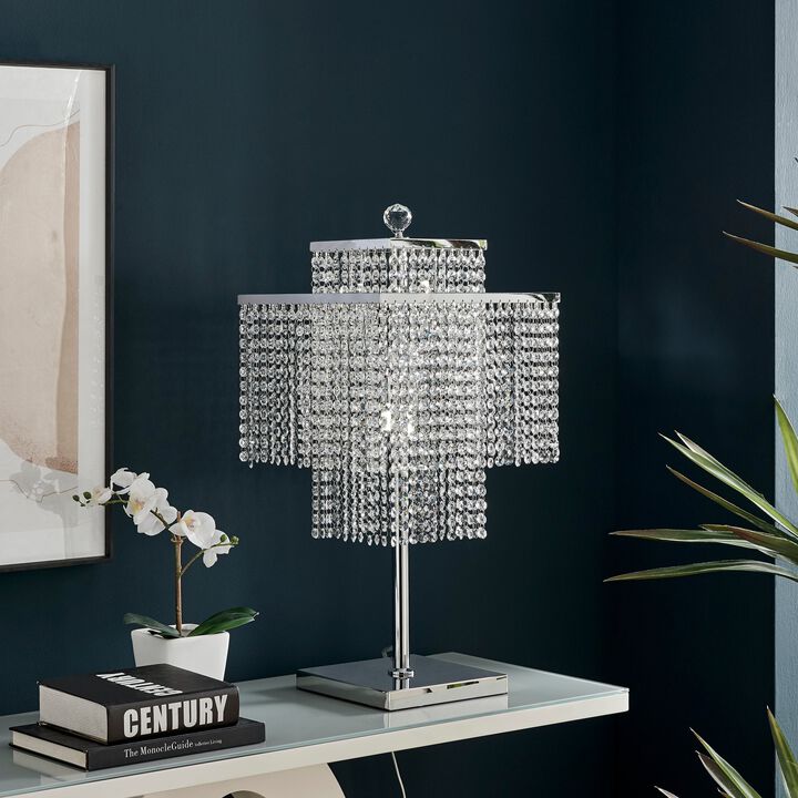 Square Table Lamp Chrome Metal and Crystal LED Light