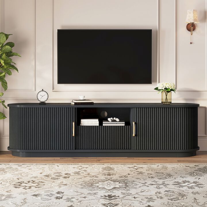 Merax Grain Sliding Door TV Stand with Vertical Slat Panel & Gold Aluminum Handles