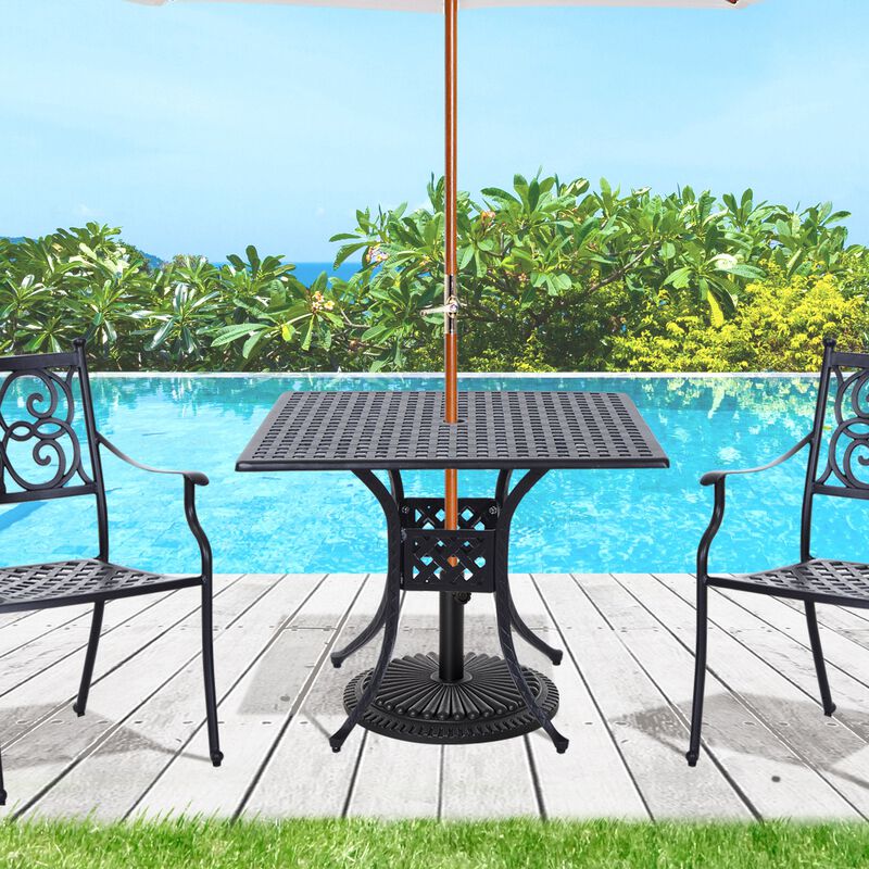 Alfresco Dining Surface: 36" Square Metal Patio Table with Umbrella Hole