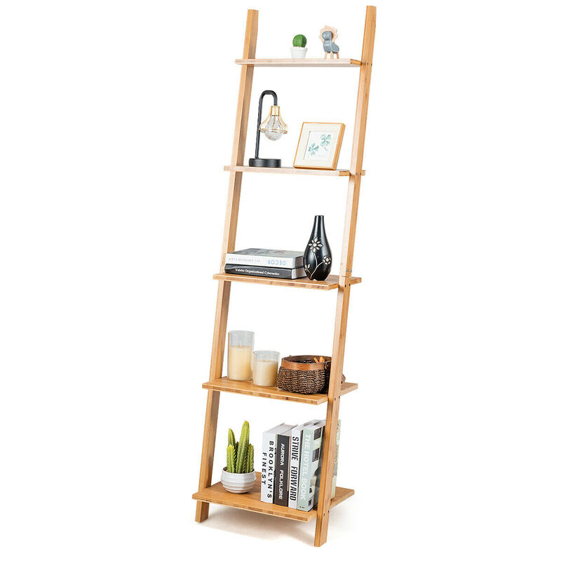 5-Tier Modern Bamboo Wall-Leaning Display Ladder Bookshelf
