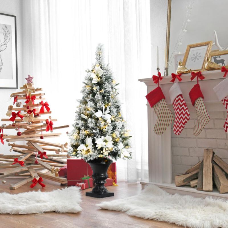 Hivvago 4 Feet Pre-lit Snowy Christmas Entrance Tree with White Berries and Flowers