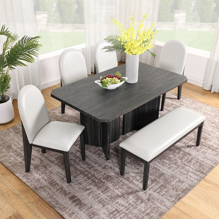 Modern 6 piece dinner set including dining table, dining chairs, 4 chairs and a bench, 60 inch dining table easy to assemble