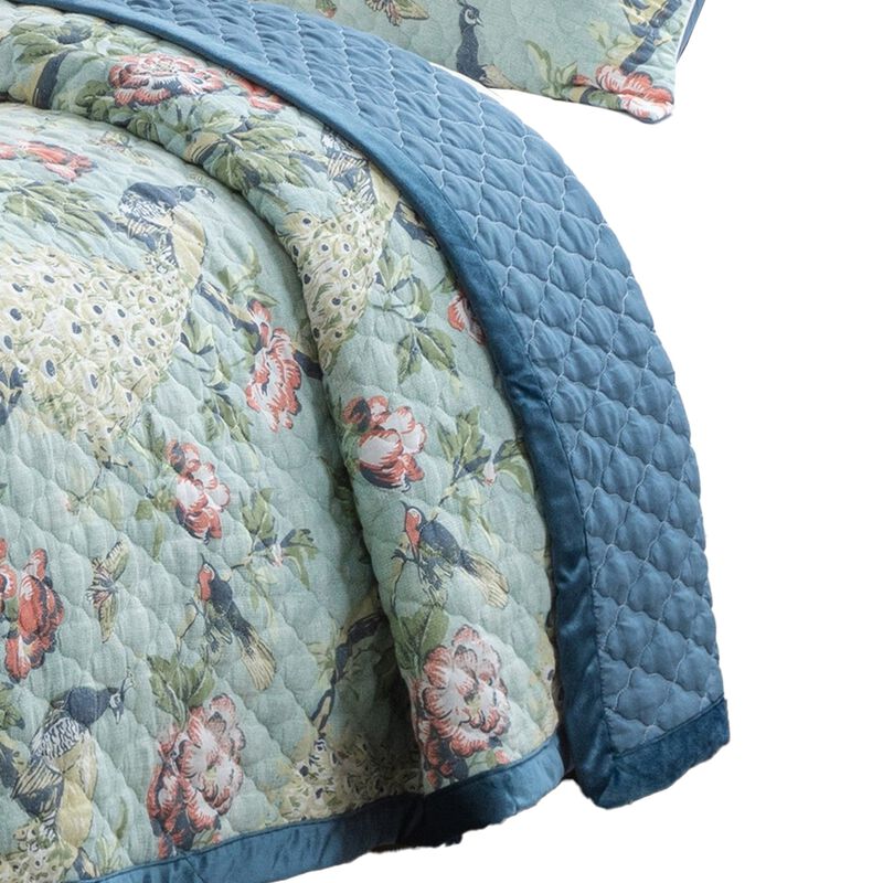 Eden 3 Piece King Quilt Set, Peacock Print, Green Microfiber - Benzara