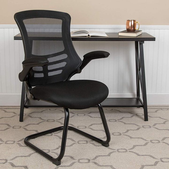 Flash Furniture Kelista Black Mesh Sled Base Side Reception Chair with Flip-Up Arms