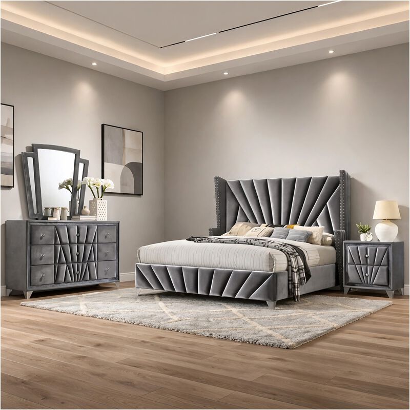 Ino 4pc Queen Bedroom Set with Wingback Headboard, Gray Upholstery image number 6