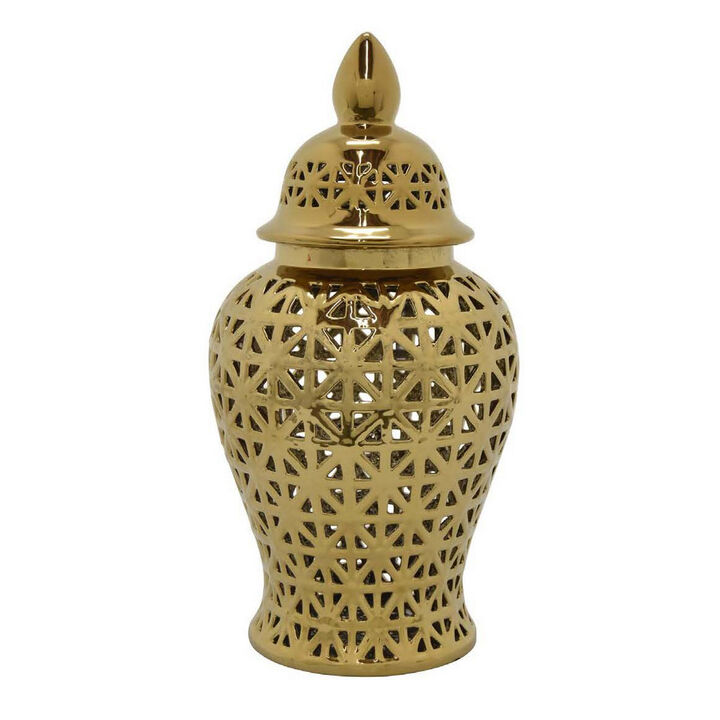20 Inch Temple Jar, Pierced Details, Dome Lid, Ceramic, Gold Finish - Benzara