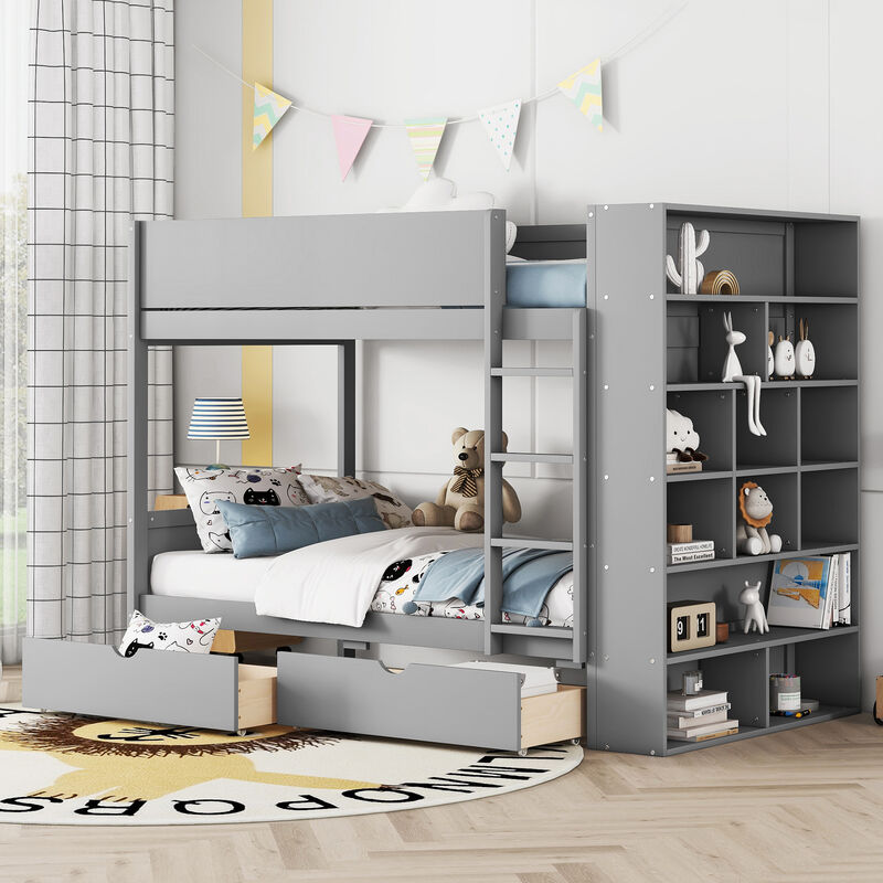 Whisen Twin over Twin Bunk Bed With 2 Drawers and Multi-layer Cabinet- Grey