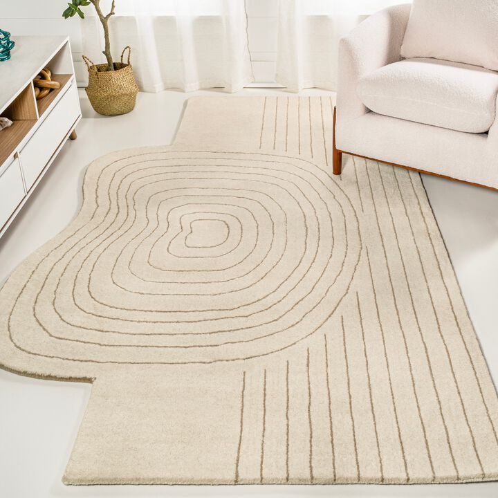 Retro Bohemian Abstract Striped Handwoven Wool Ivory/Beige Area Rug