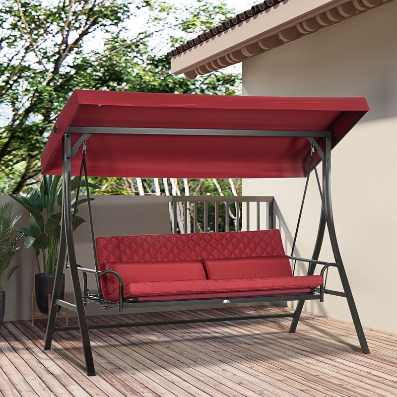 Outsunny 3 Person Patio Swing Chair Bed, Converting Flatbed, Outdoor Porch Swing Bed Glider with Adjustable Canopy, Removable Cushions, Pillows, for Garden, Poolside, Backyard, Red