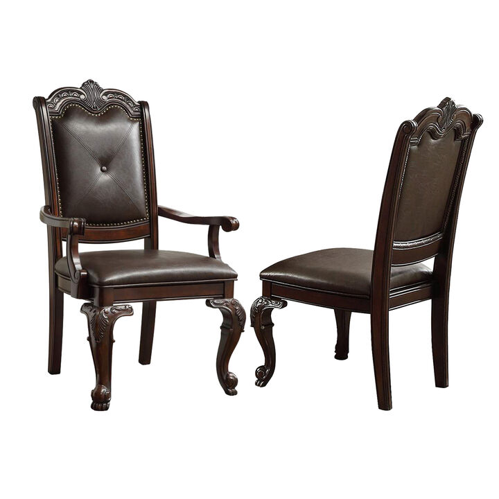 Crowned Top Wooden Side Chair with Leatherette Seating, Set of 2, Dark Brown-Benzara