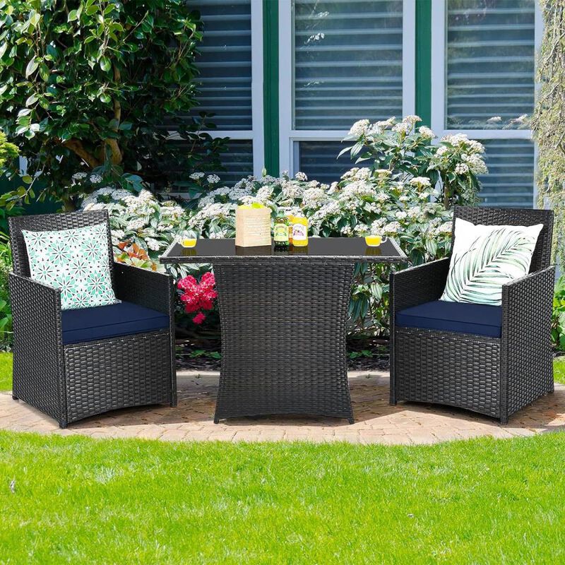 Hivvago 3-Piece Patio Furniture Outdoor Dining Set Brown PE Rattan Navy Blue Cushions