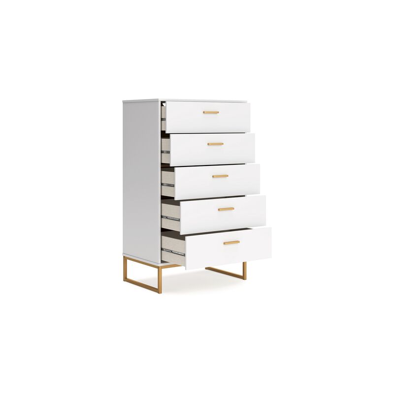 Alli Tall Dresser Chest, 5 Drawers, Matte White, Gold Metal, 51 Inch