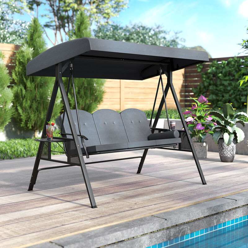 3-Person Patio Swing Chair with Canopy, Pillow and Foldable Side Trays image number 3