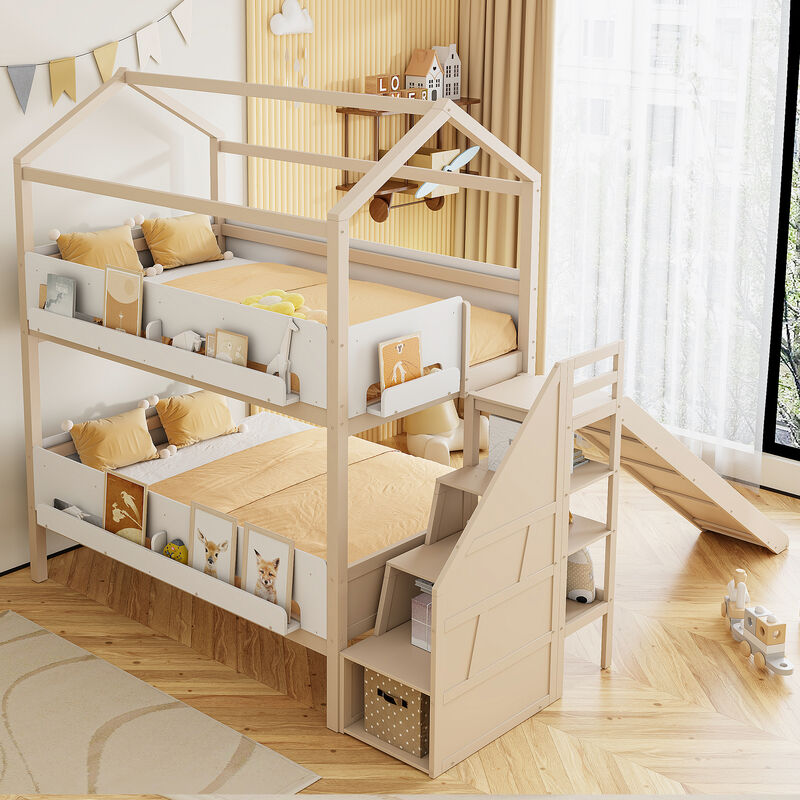 Merax Twin Over Twin/Full House Bunk Bed with Slide & Storage Guardrails image number 1