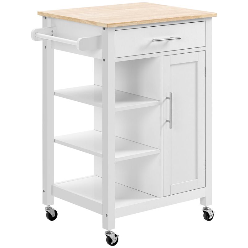 White Kitchen Cart, Rolling Kitchen Island Cart on Wheels with Handle, Rubber Wood Tabletop , Serving Utility Trolley Cart