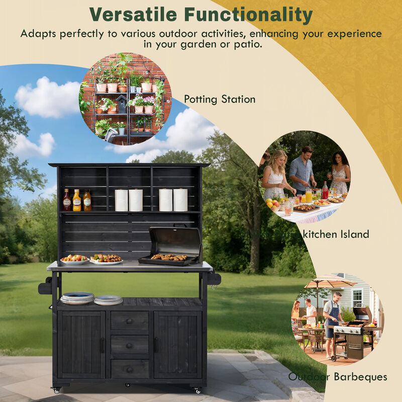 Whisen 65" Solid Wood Garden Potting Table with 3 Drawers & Doors, Stainless Top image number 3