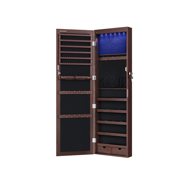 Wall/Door Mounted Jewelry Armoire 6-LED Mirror Cabinet with Lock, 2 Drawers, and Organizer