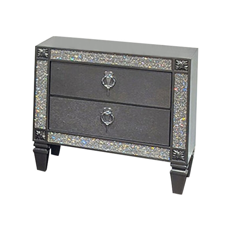 Laine Nightstand, 2 Drawers, Crystal Like Acrylic Trim, Gray Solid Wood - Benzara