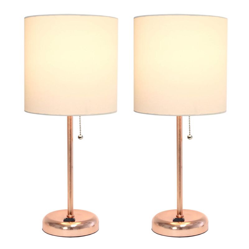 LimeLights Rose Gold Stick Lamp with Charging Outlet and Fabric Shade - 2 Pack Set