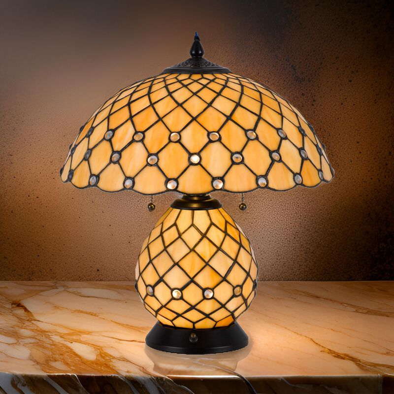 18 Inch Table Lamp, Pedestal, Tiffany Style Stained Glass, LED, Black Metal - Benzara