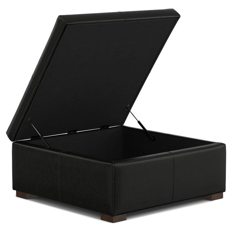 Gabbie 36 inch Wide Contemporary Square Square Coffee Table Storage Ottoman in  Midnight Black PU Black faux leather, Assembled