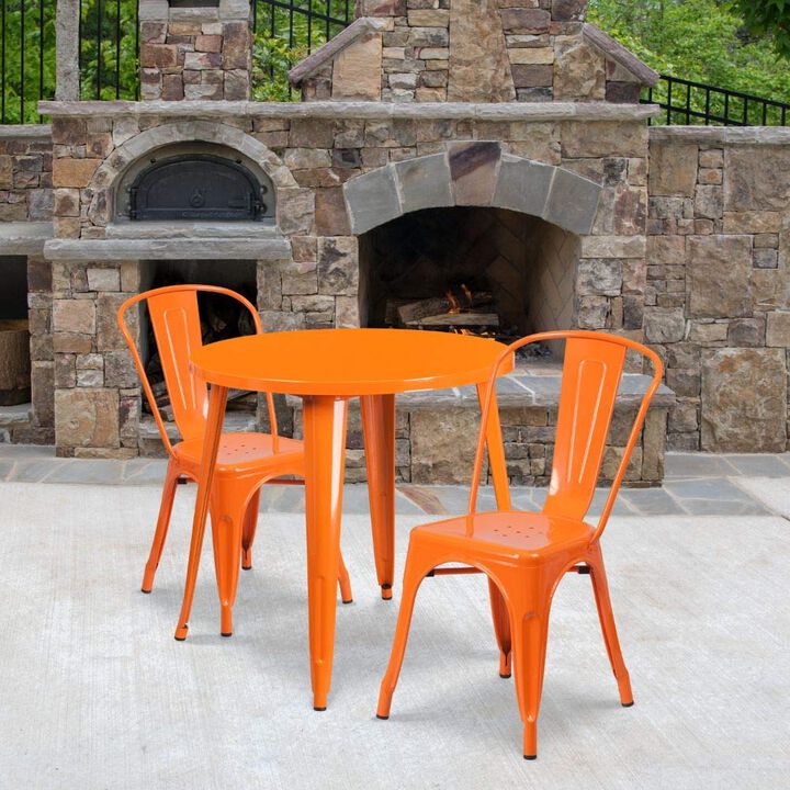 Flash Furniture Commercial Grade 30" Round Orange Metal Indoor-Outdoor Table Set with 2 Cafe Chairs