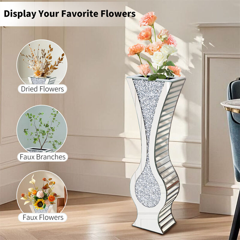 27" Tall Crystal Diamond Mirrored Floor Vase Modern Glass Decor Dry Flowers Only image number 5