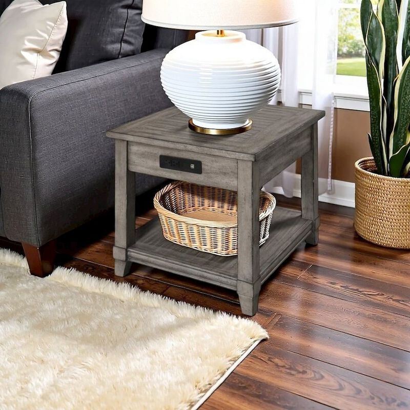 FurniFact Gray Wooden Side Table with Drawer, USB Ports &ndash; End Tables Living Room image number 3