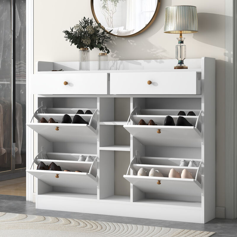 Modern Shoe Cabinet with 4 Flip Drawers, Multifunctional 2-Tier Shoe Storage Organizer with Drawers, Freestanding Shoe Rack for Entrance Hallway, White