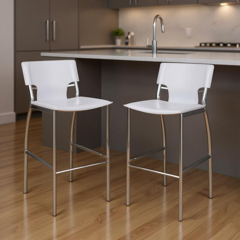 HomeRoots Set of Two 25" White and Silver Faux Leather and Metal Low Back Counter Height Bar Chairs image number 1
