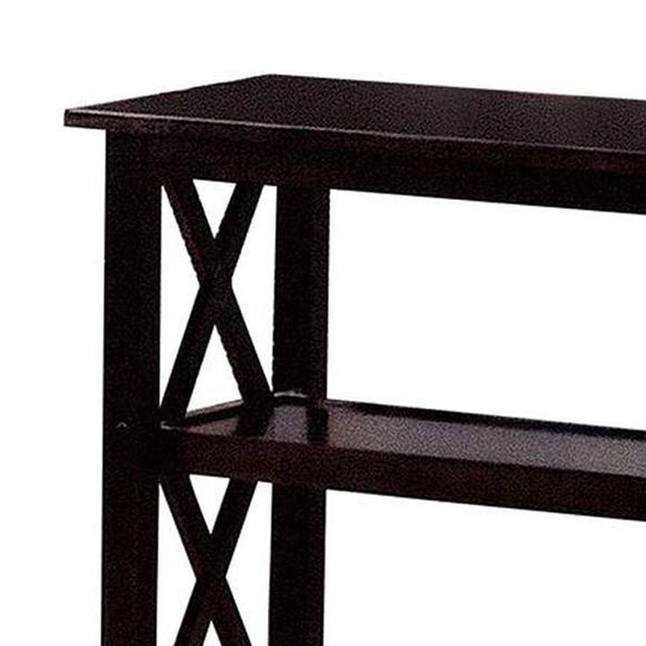 Transitional Wooden Sofa Table With "X" Side Design & Two Shelves, Dark Brown-Benzara
