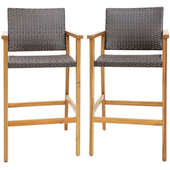 Hivvago Set of 2 PE Wicker Patio Bar Chairs with Acacia Wood Armrests-Set of 2