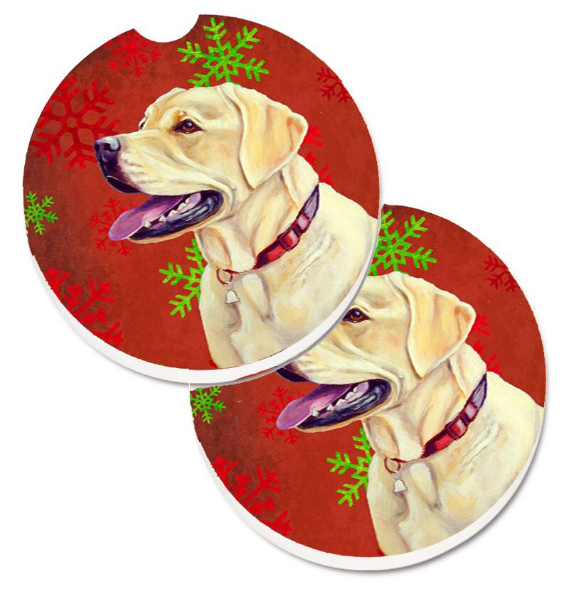 Caroline's Treasures Labrador Red & green Snowflakes Holiday Christmas Set of 2 Cup Holder Car Coasters LH9338CARC, 2.56, Multicolor image number 0