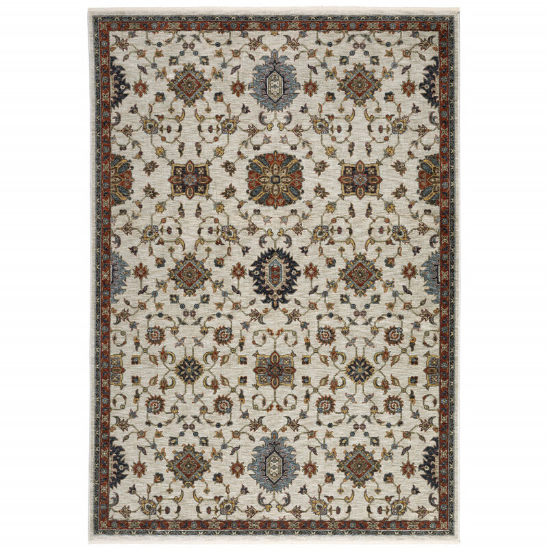 5 X 8 Beige Rust Red Blue gold And grey Oriental Power Loom Stain Resistant Area Rug With Fringe