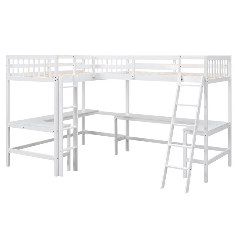 Whisen Wood Twin Size L-Shaped Loft Bed with Ladder and 2 Built-in L-Shaped Desks - White