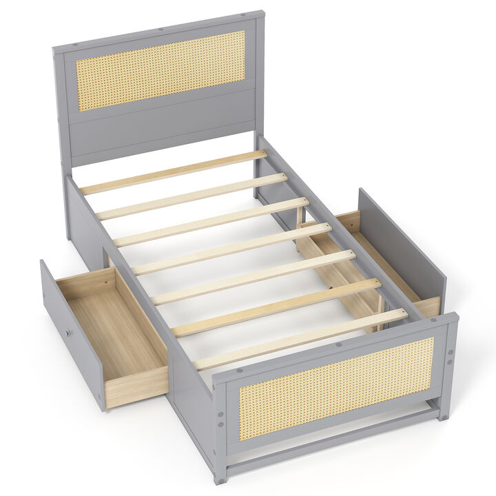 Twin Size Bed Frame with Rattan Headboard and Storage Drawers