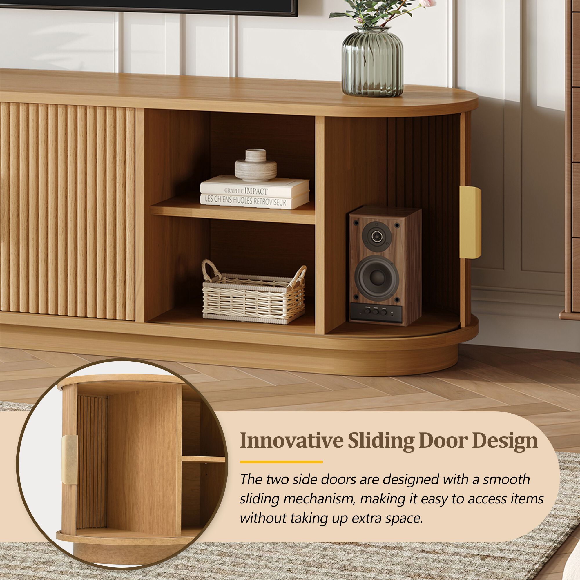 Farmhouse Wooden TV Stand with Sliding Tambour Door